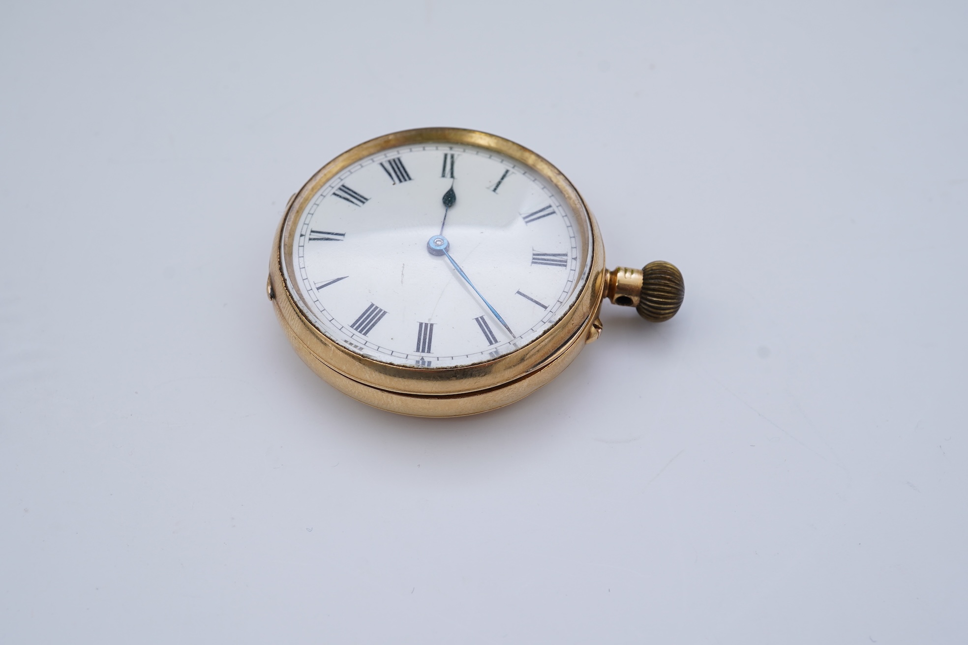 A late Victorian 18ct gold open faced keyless fob watch, by Kemp Brothers